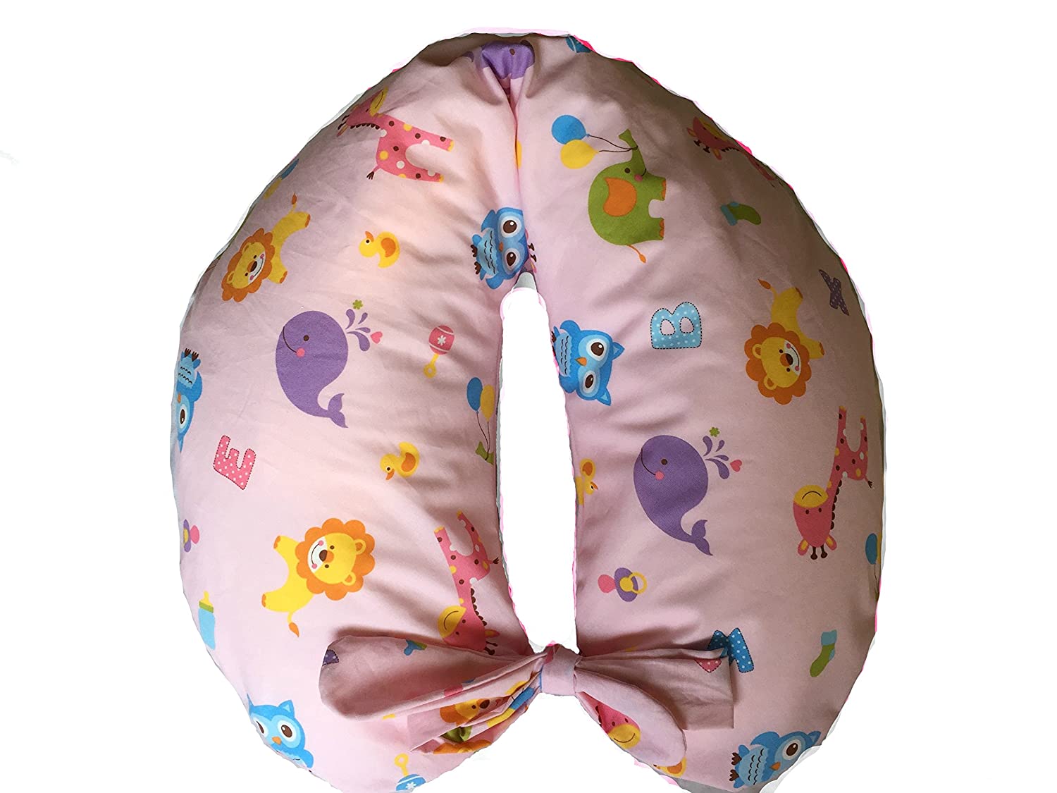 merrymama - Nursing pillow + lining with lacing/cm 130 (filled with polystyrene balls), zoo background pink