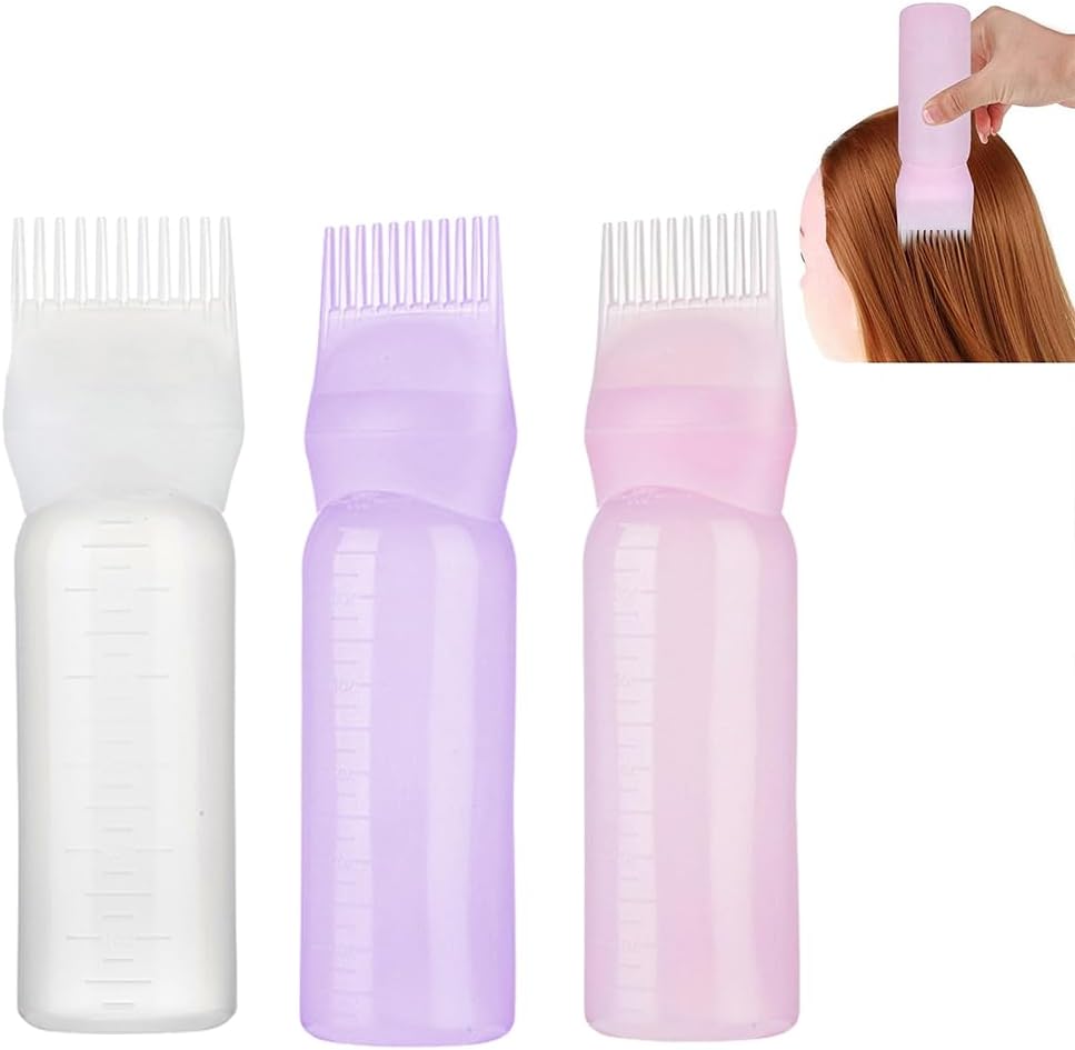 3 Colors Hair Dye Brush Bottle Shampoo Bottle Oil Colouring Displicator Brush Tip Tools With 160 Ml Capacity for Hair Dyeing Hair Dye Brush Bottle (White, Purple, Pink)