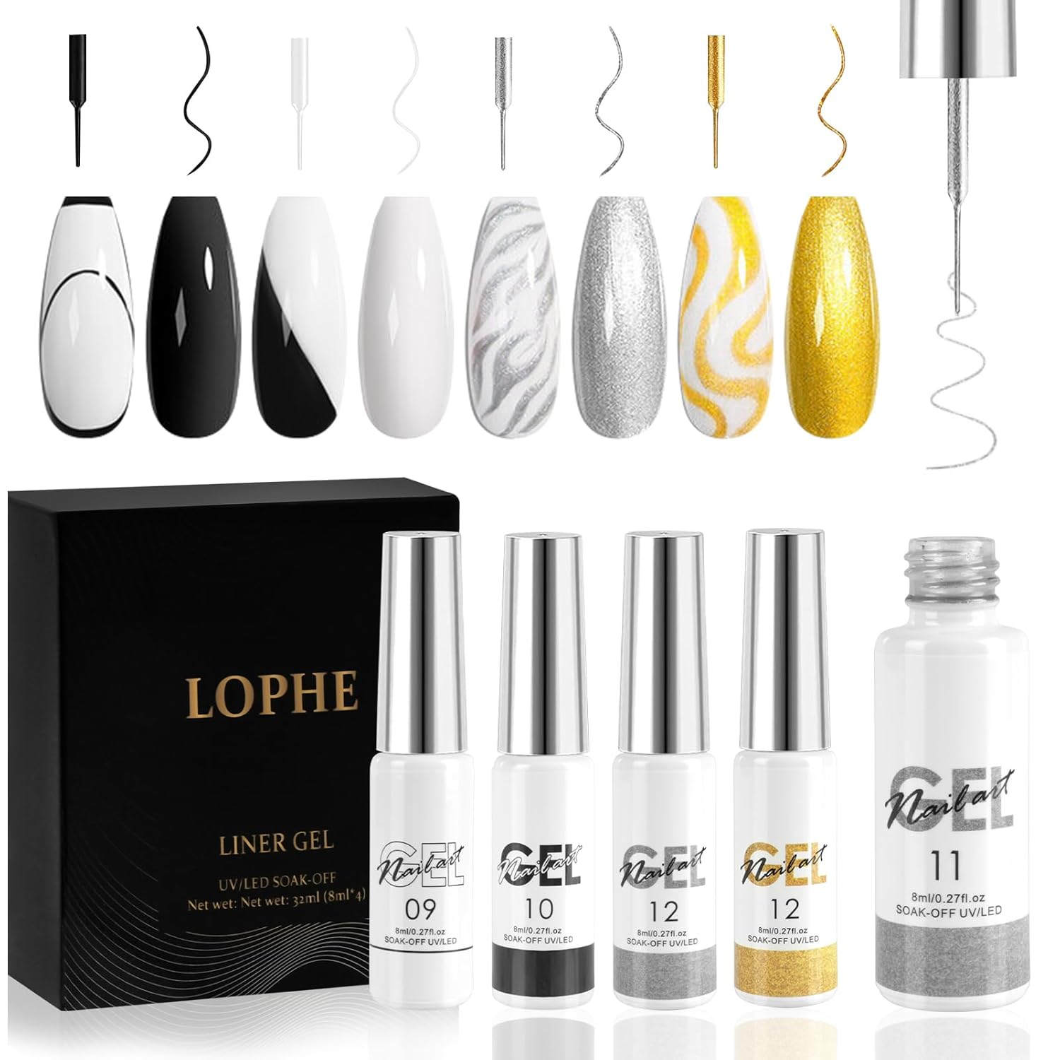 Gel Liner Nail Art, 4 Colors Set Gel Liner Nail Art Kit for Nail Design, Gel Liner Nail Polish Black Gold Silver White for DIY Salon Nail Design, 8 ml