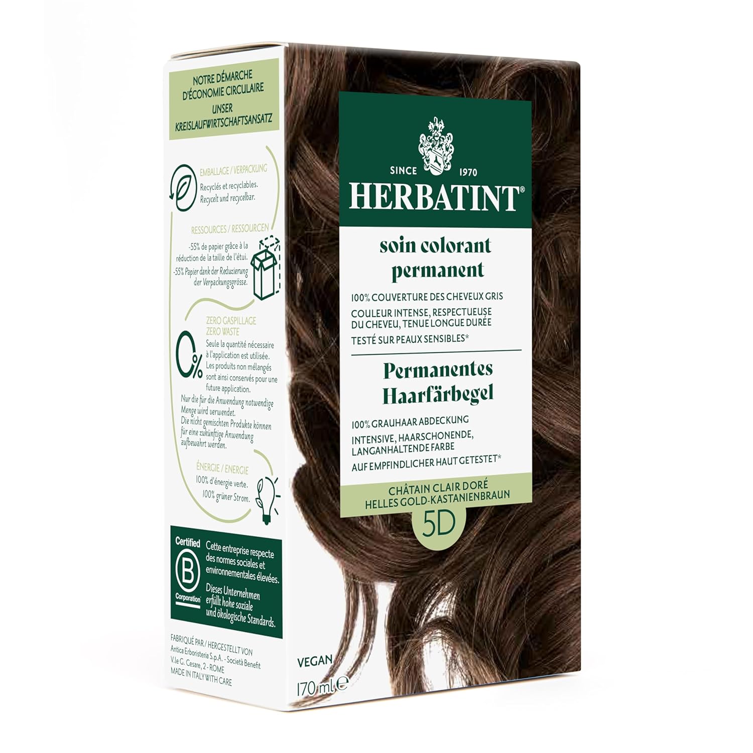 Herbatint Permanent Hair Dye Gel, 5D Light Gold - Chestnut Brown, 170 ml, No Ammonia, Optimal Gray Hair Coverage, Tested for Sensitive Skin, with 8 Plant Extracts