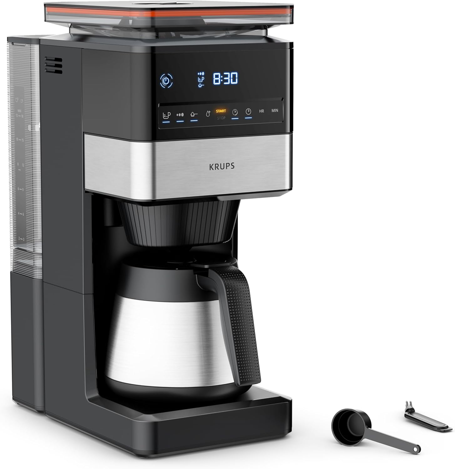 Krups Grind Aroma XL Filter Coffee Maker, Removable Cone Grinder, Digital Control Panel, XL Capacity (1.25 L), Stainless Steel Thermos, Black/Stainless Steel, KT842810