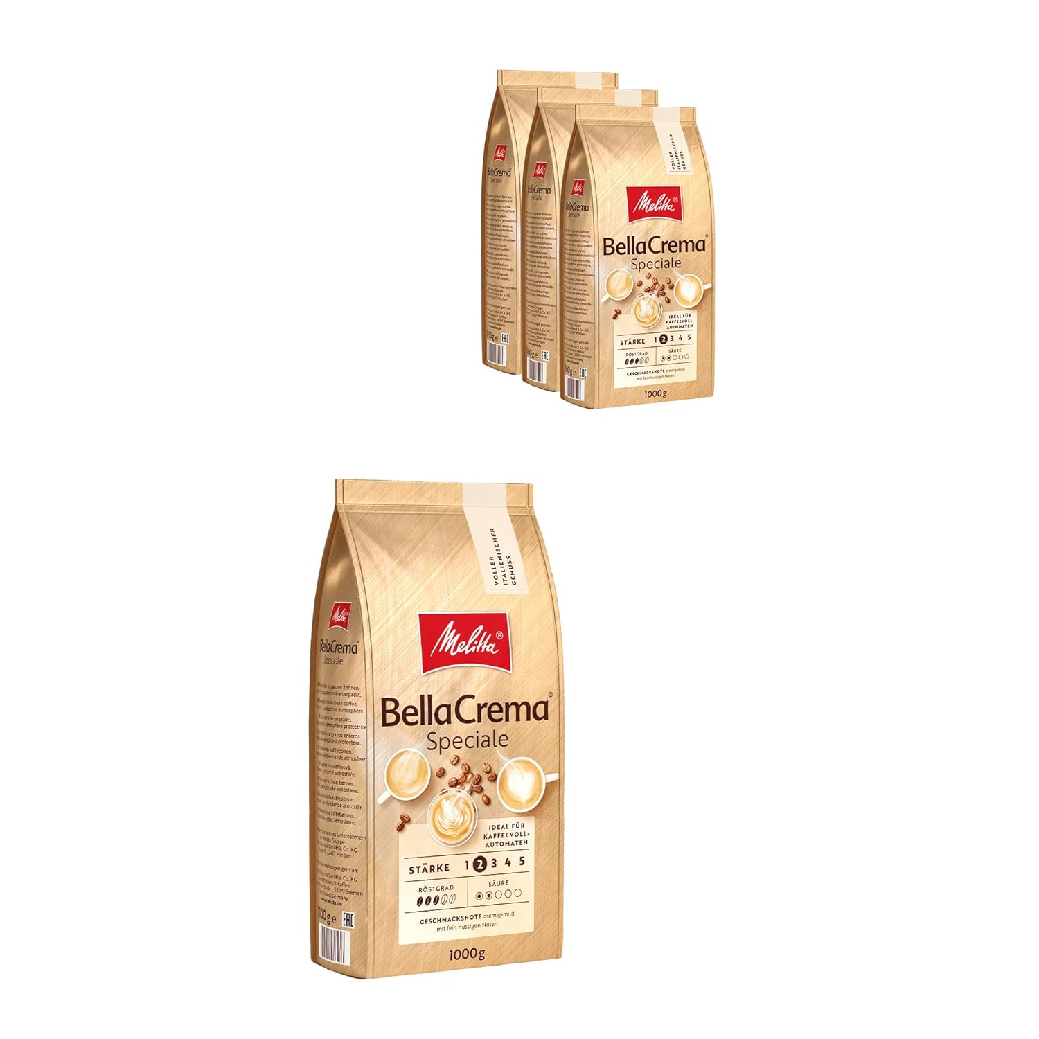 Melitta Bellacrema Speciale entire coffee beans 4 x 1kg, uncomfortable, coffee beans for fully automatic coffee, medium roasting, roasted in Germany, strength 2, in the tray