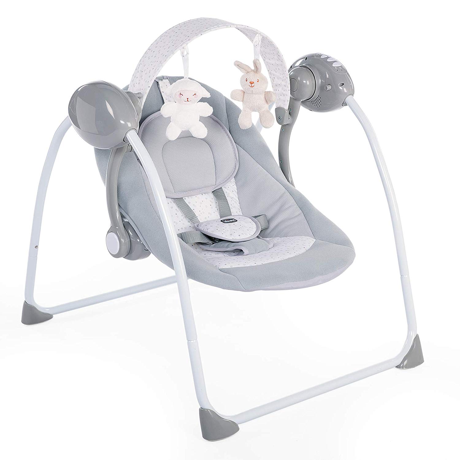Chicco Relax & Play Electronic Baby Rocker from 0 Months to 9 kg, Adjustable Rocker and Baby Swing with 5 Speeds, Play Arch with 12 Melodies and 2 Plush Toys, Compact Closure, Grey