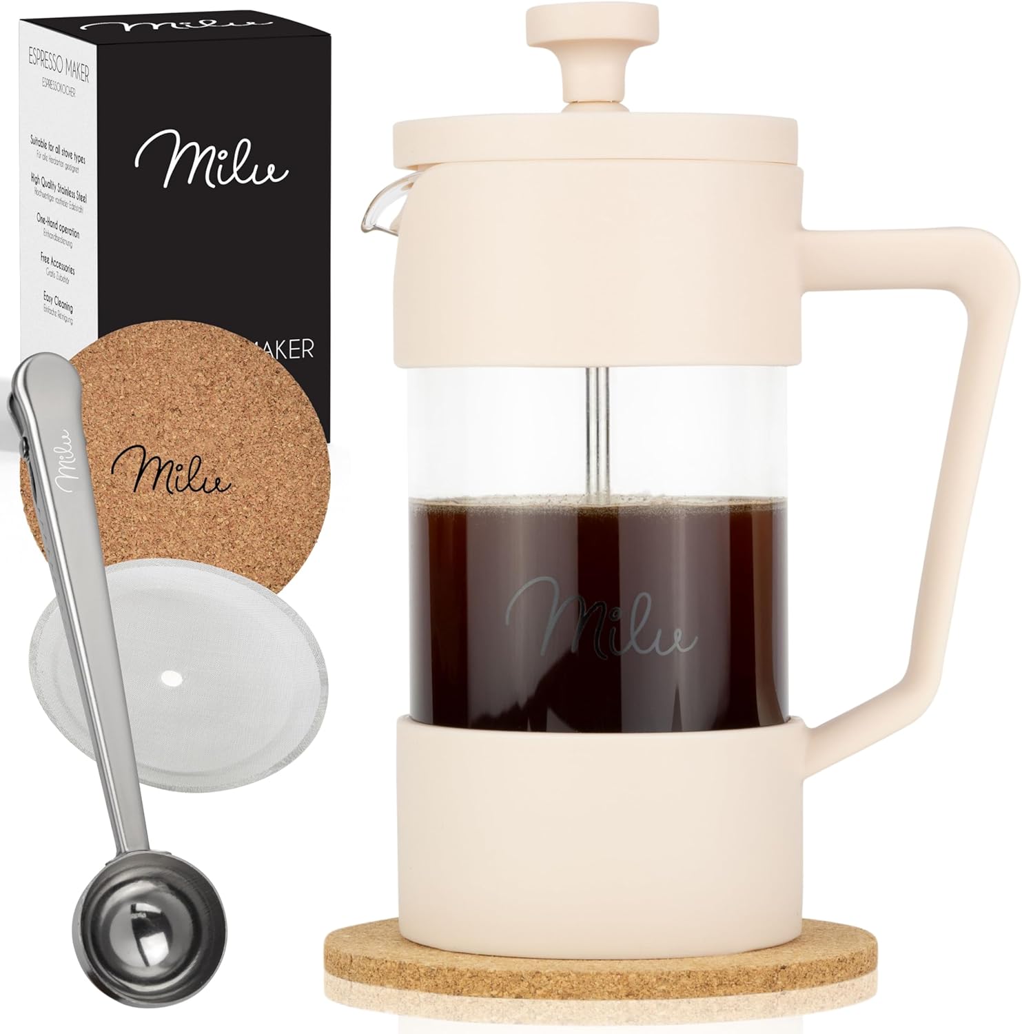 Milu French Press Coffee Maker, 350 ml, 600 ml, 1 L, Glass Coffee Press, Coffee Maker for Home, Travel, Camping, Includes Coaster, Spoon, Replacement Filter (Beige, 600 ml (3 Cups)