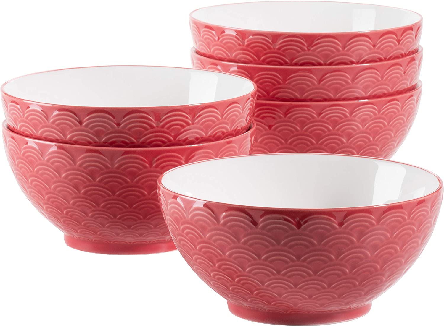 Maser MÄSER 931574 Telde Series Cereal Bowls Set in Catering Quality, 6 Bowls with Pretty Relief Surface, Durable Porcelain, Red
