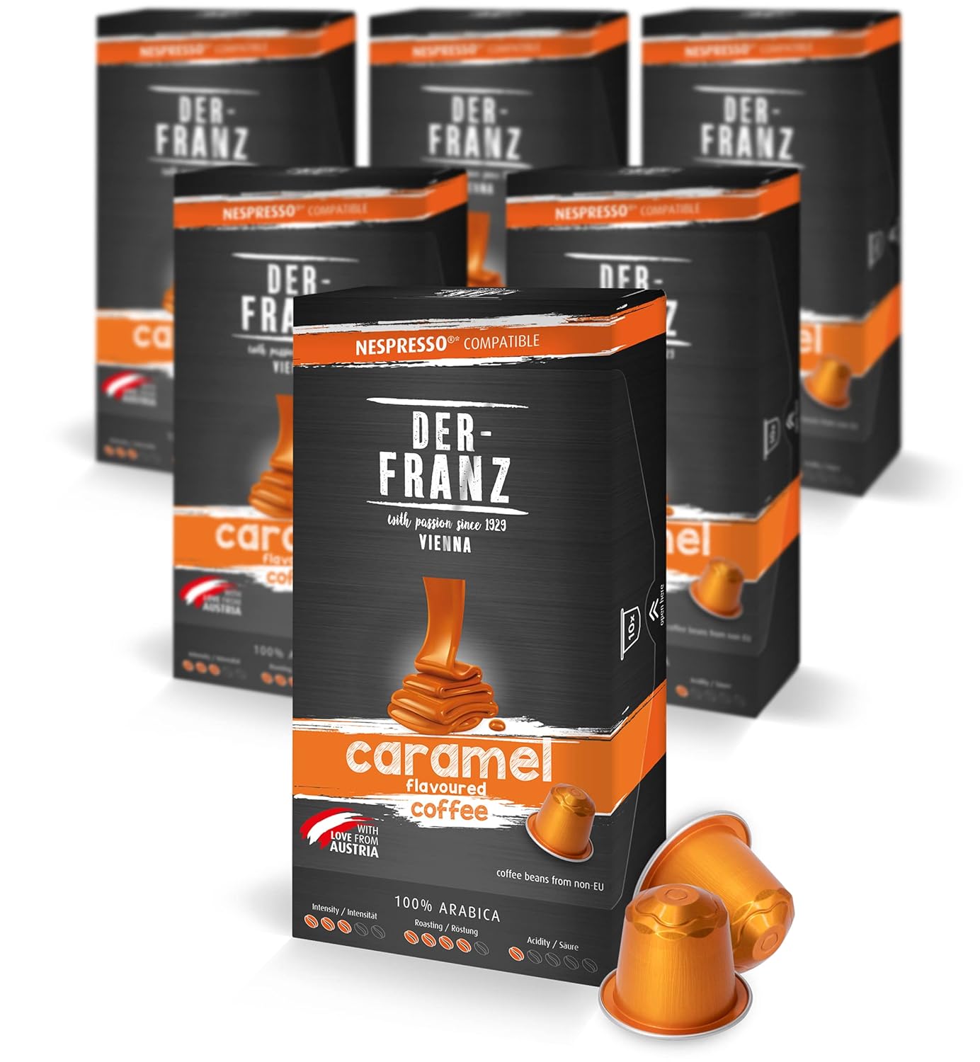 Der-Franz Nespresso Compatible Coffee Capsules, 6 x 10 Capsules, Caramel Flavor, Medium Roast