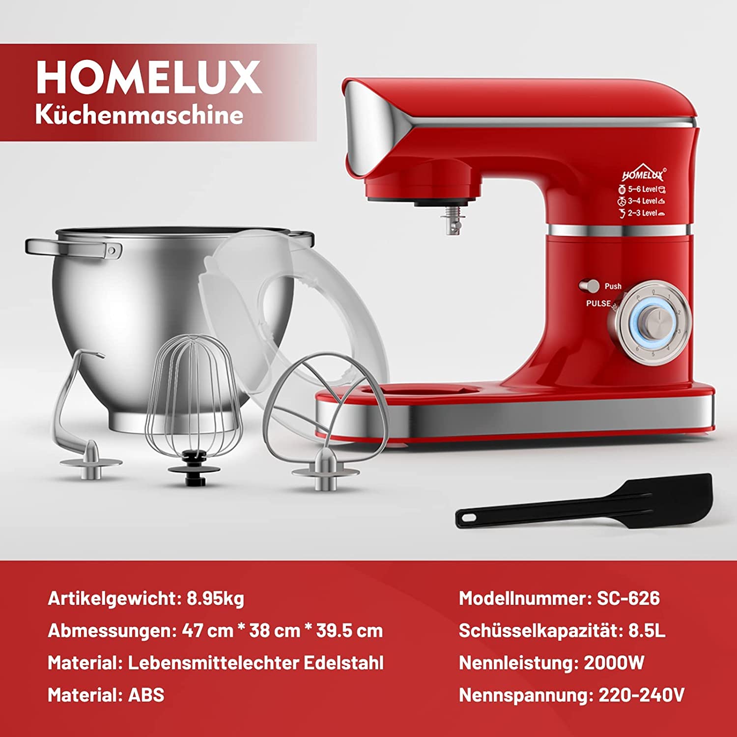 Homelux Food Processor 2000 W Kneading Machine, 8.5 L Food Processor, Dough Machine, 6 Speeds, Includes 3-Piece Patisserie Set and Splash Guard, 6 Speeds with Stainless Steel Bowl, 626 Red