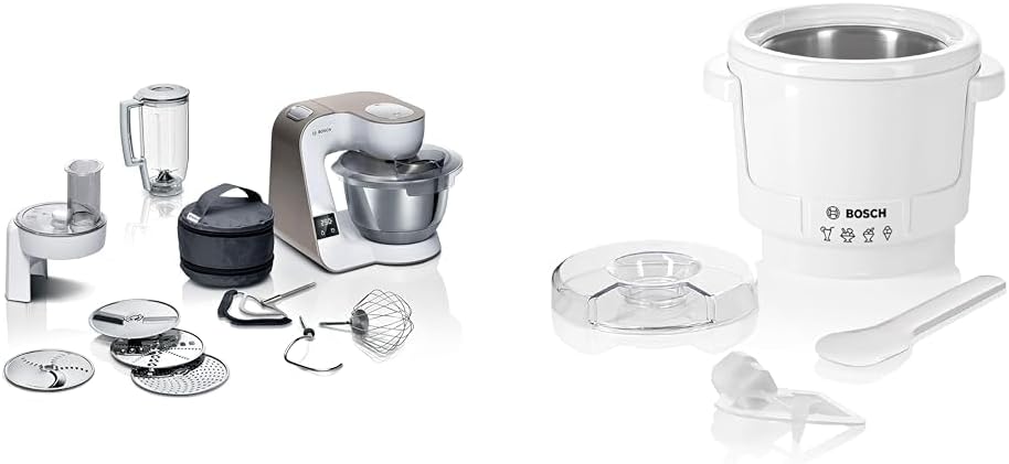 Bosch Food Processor Series 4 MUM5XW20, Stainless Steel Bowl 3.9 L & MUZ5EB2, 550 ml, Homemade Ice Cream, Sorbet and Frozen Yoghurt, White, Suitable for Series 4 Food Processor
