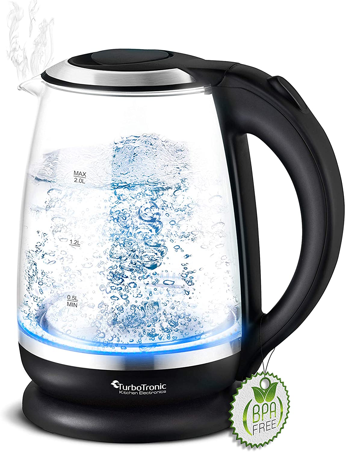TurboTronic Glass Kettle 2 Litres with Limescale Filter and LED Lighting Blue (Inside) BPA-Free Power: 2200 Watts