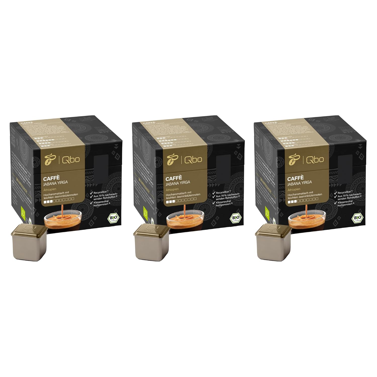 Tchibo Qbo Caffè Jabana Yirga Premium Coffee Capsules, 81 Pieces - 3 x 27 Capsules (Caffè, Intensity 03/10, Highly Aromatic, Jasmine Blossom Notes), Sustainable, Made from 70% Renewable Raw Materials