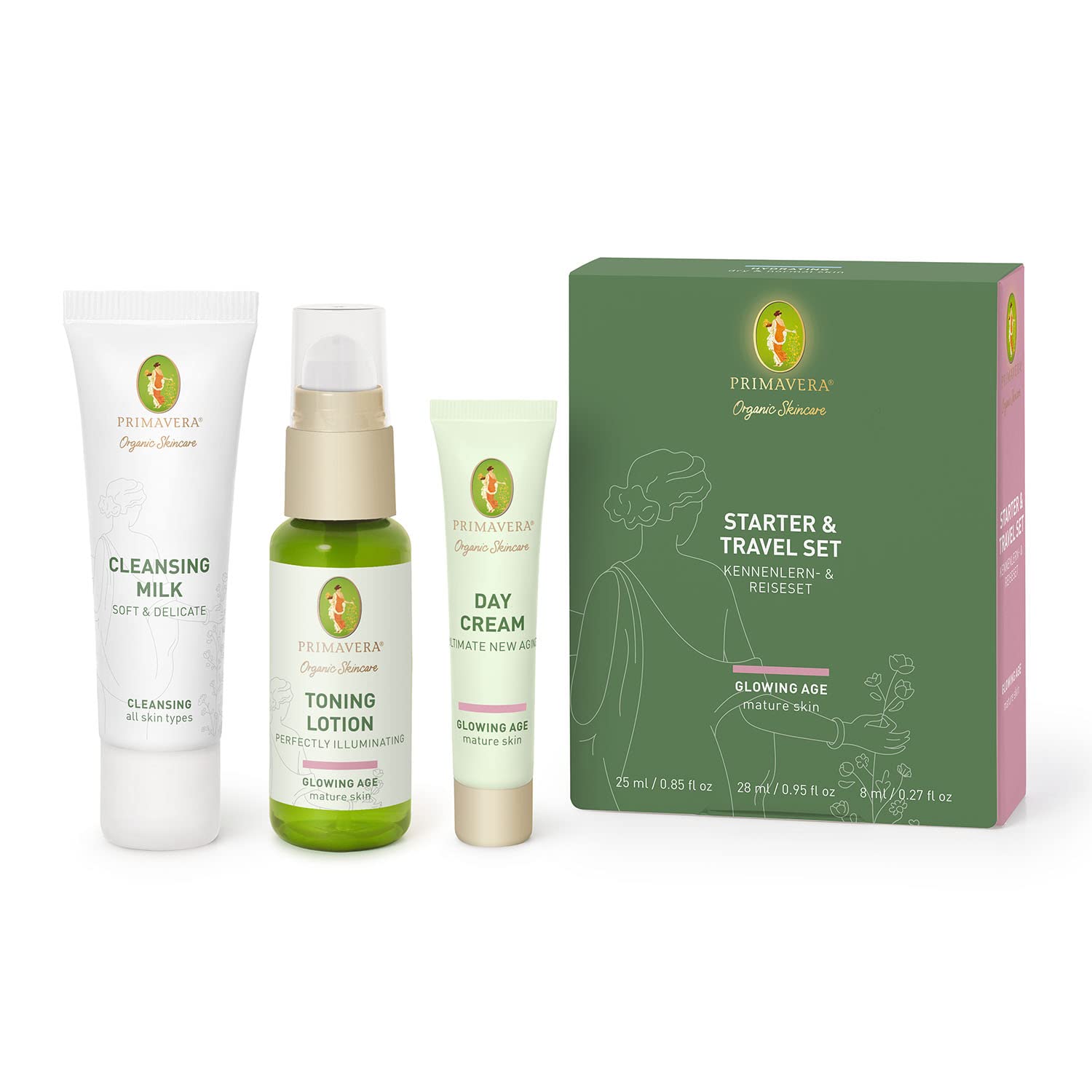 PRIMAVERA Starter & Travel Set Glowing Age - Natural Cosmetics - Learning to know & Travel Set for mature, demanding skin - Gift Box Cleaning, Toner, Care - Vegan