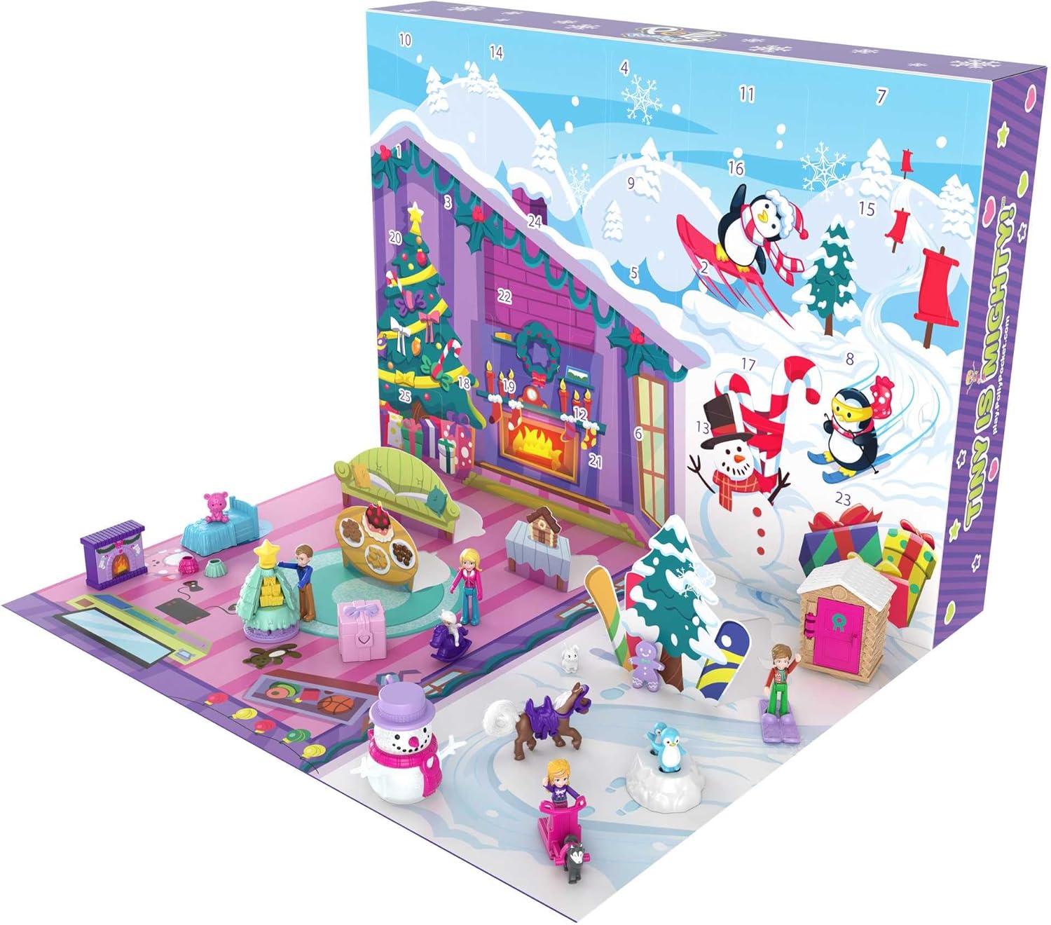 Polly Pocket Advent Calendar with Winter Family Fun Theme & 25 Days of Surprises (34 Playpieces) to Discover, for 4 Years and Older, GYW07