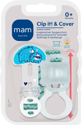 Pacifier band Clip it! & Cover blue/green, 1 st