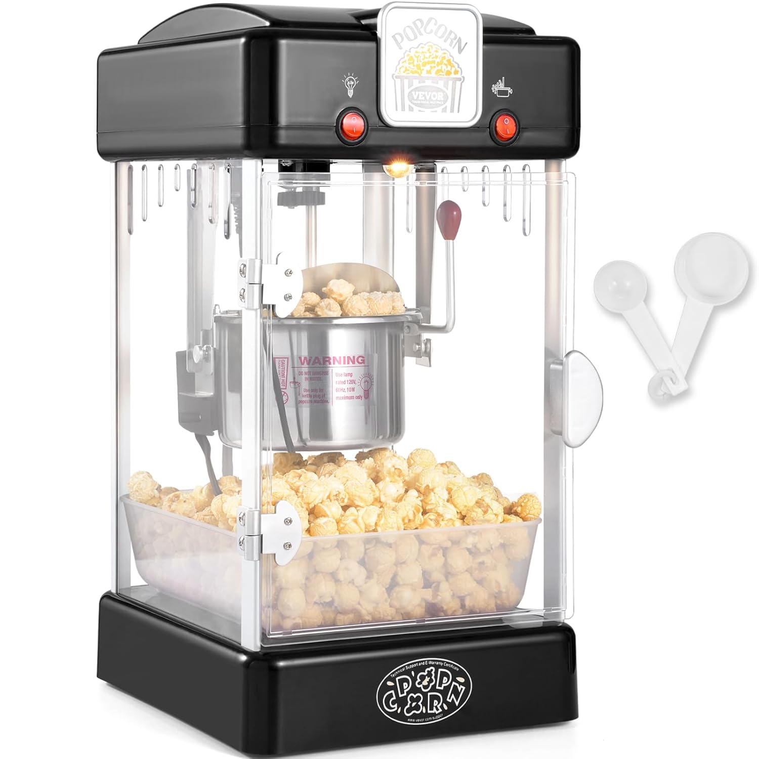 VEVOR Popcorn Maker Popcorn Maker Popcorn Maker 300W Popcorn Maker 2.5oz Kettle Makes 4Qt Per Load, Popcorn Maker with PP Door, Includes 2 Scoops and Tray, Cinema Style Black