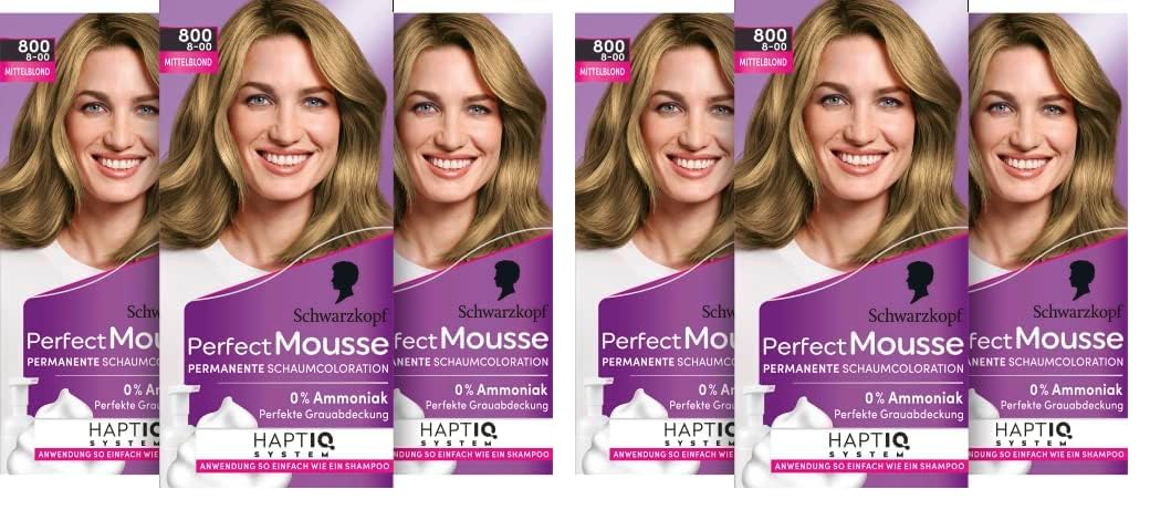 Schwarzkopf Perfect Mousse Permanent Foam Coloration 800/8-00 Medium Blonde (93 ml), Hair Color with Perfect Gray Coverage, Coloration for Intensive Care and Radiant Shine (Pack of 2)