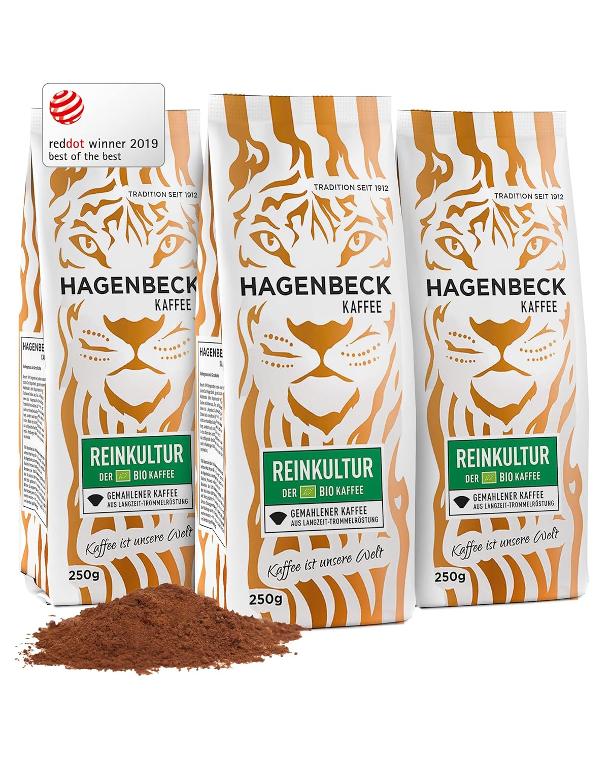 Hagenbeck Organic Pure Culture 3x250g (750g) | Organic Coffee Ground & Classic Aromatic | Moderate Intensity | Ground coffee from German roasting | 100% Arabica blend made from organic coffee beans
