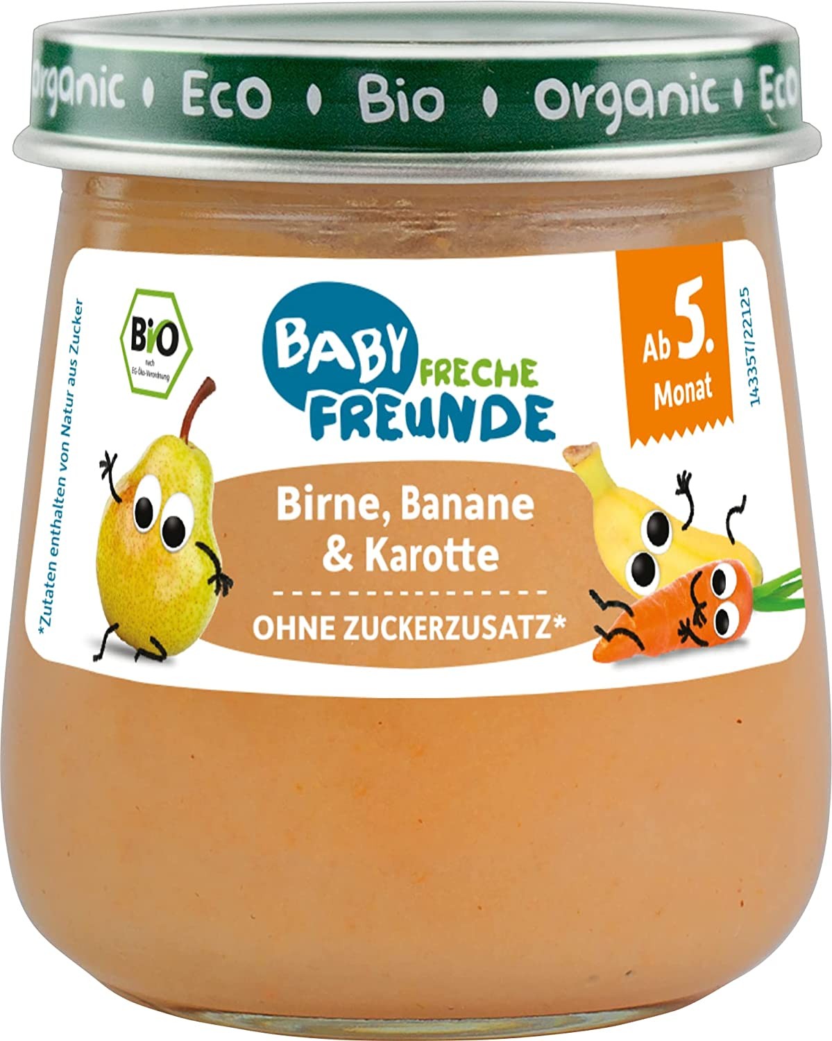 BABY FRECHE FREUNDE Bio Gläschen Birne, Banane & Karotte, für Babys ab 5 Monaten, ohne Zucker- und Salzzusatz, vegan, 6er Pack (6 x 120g)
