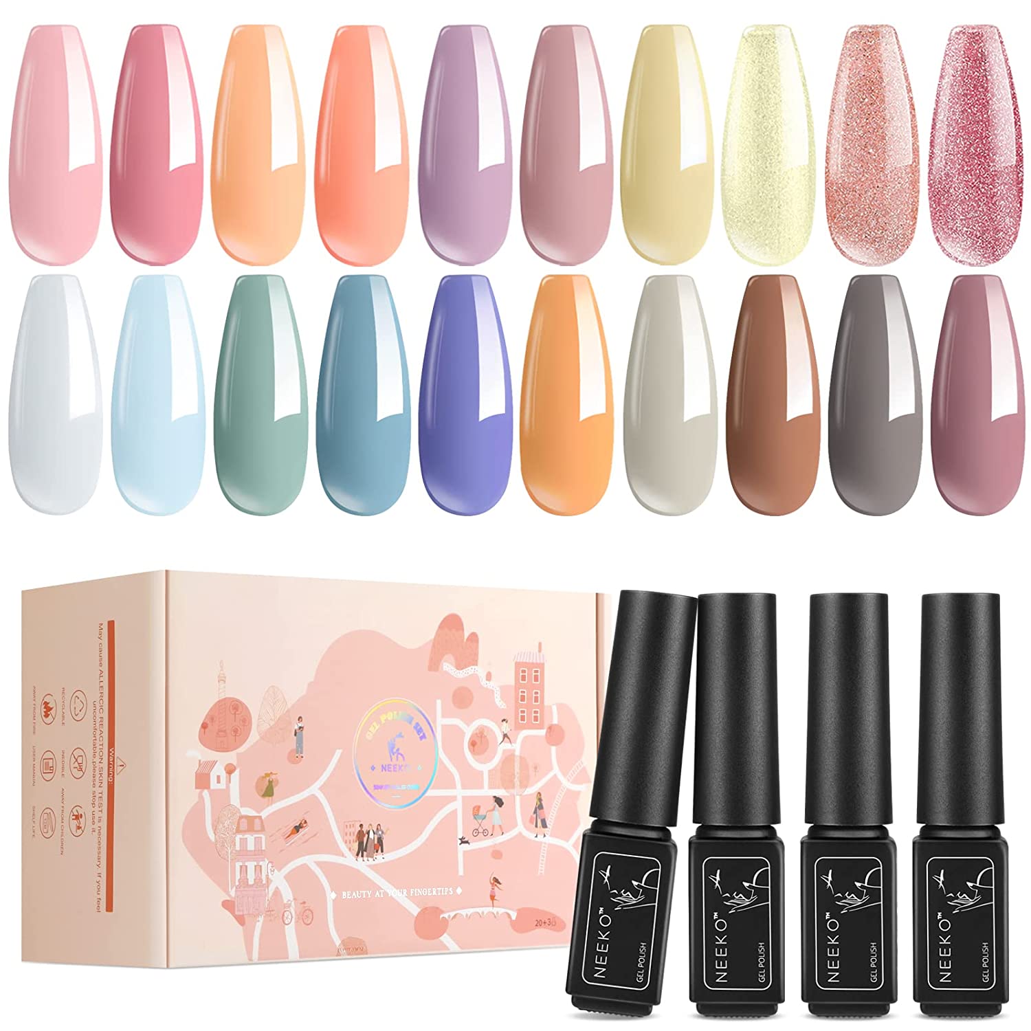 NEEKO UV Gel Nail Polish Set, 20 Pieces, Pastel Pink, Yellow, Blue, Brown, Glitter Gold Gel Nail Polish Kit, Soak Off Gel Nail Kit with Glossy & Matte Top Coat and Base Coat, Gifts for Women, ‎grün