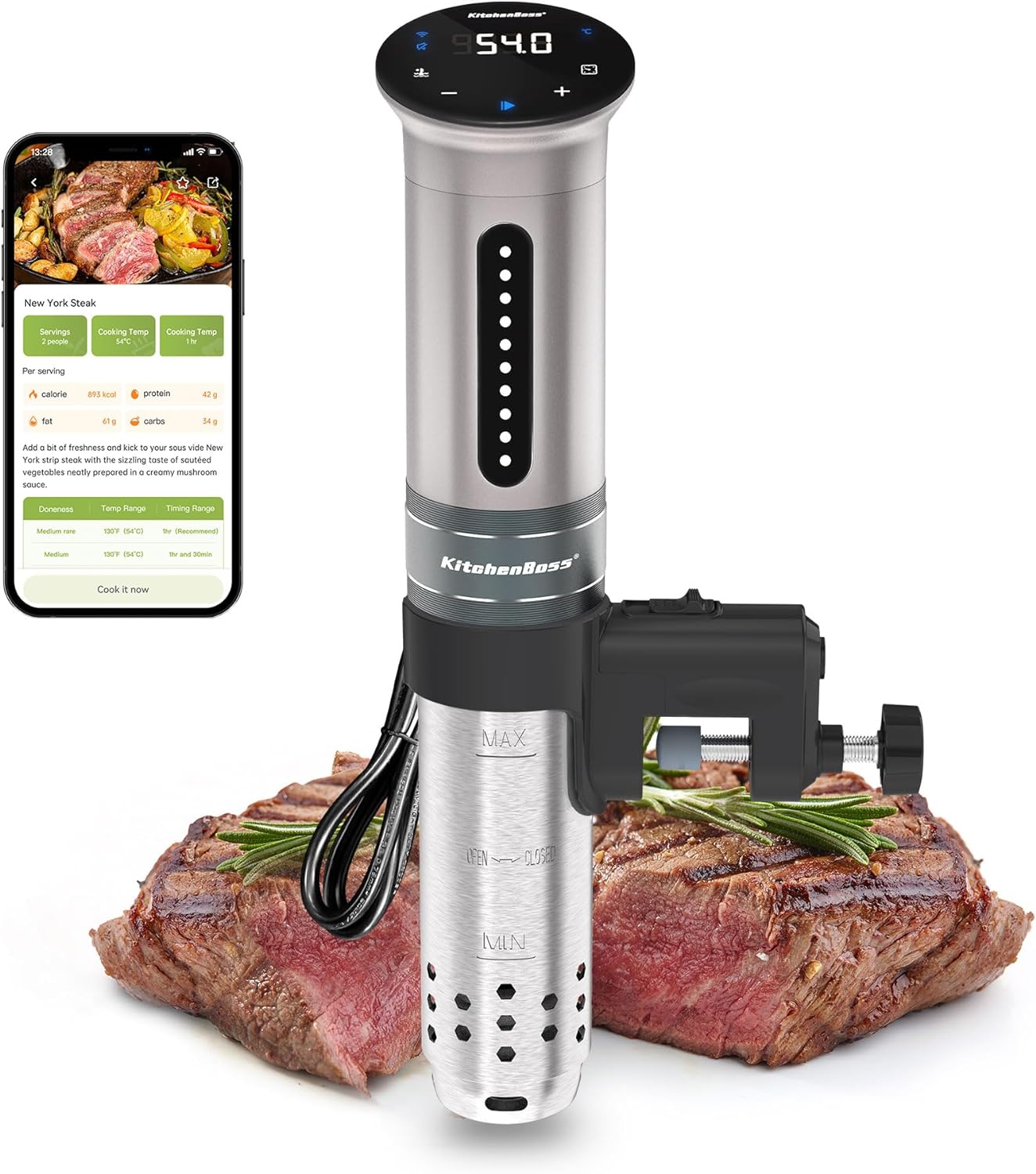 KitchenBoss Sous Vide Stick Cooker: 1100W Precision Cooker Wi-Fi Sous Vide Stick App Control Sous Vide Rod Circulation 40℃-90℃ IPX7 Waterproof LED Touch Display Ultra Quiet Diving Circulator
