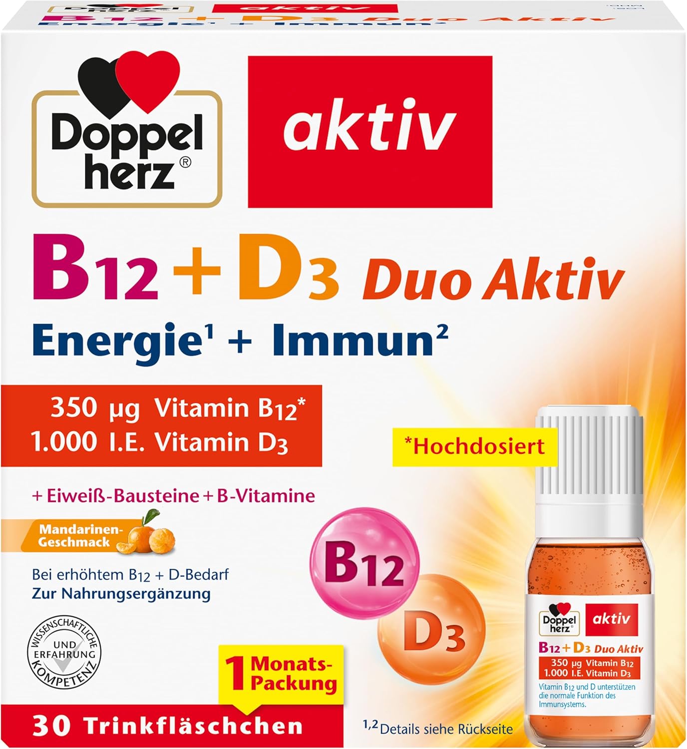 Doppelherz B12 + D3 Duo Active - High Dose with Vitamin B12 + D3 to Support Normal Function of the Immune System - 30 Drinking Bottles, Liquid