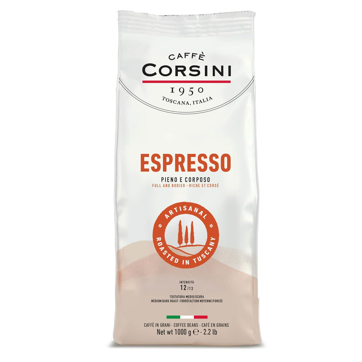 Caffè Corsini Coffee Beans 1 kg Espresso, Classic Blend of Arabica and Robusta, Medium Dark Roasting, Strong and Intense Coffee with Full Aroma, Origin South America and Africa