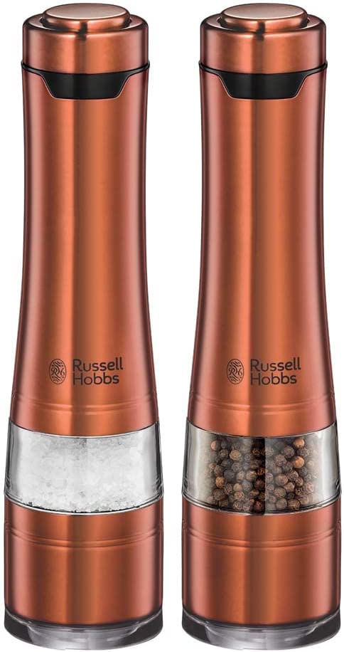 Russell Hobbs Salt and Pepper Mill Electric [Set of 2] Copper (Ceramic Grinder for Dried Spices & Herbs, Grinding Level Adjustable Fine to Coarse, LED Lighting) Spice Mills 28011-56