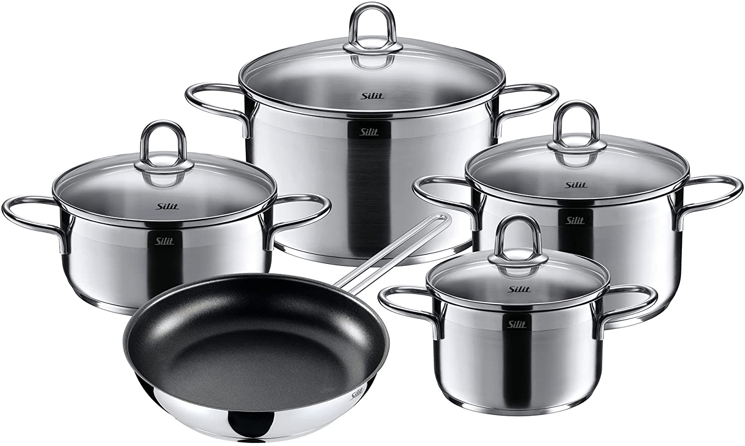 Silit Diamond Saucepan Set with Glass Lid / Saucepan / Coated Pan / Polished Stainless Steel / Suitable for Induction Cookers / Dishwasher Safe