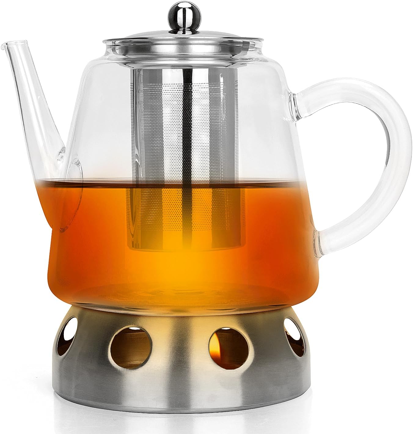 Telanks Glass Teapot 1.2 Litres, Glass Teapot with Stainless Steel Warmer and Removable Stainless Steel Strainer Insert, Glass Teapot for Loose Tea and Tea Bags