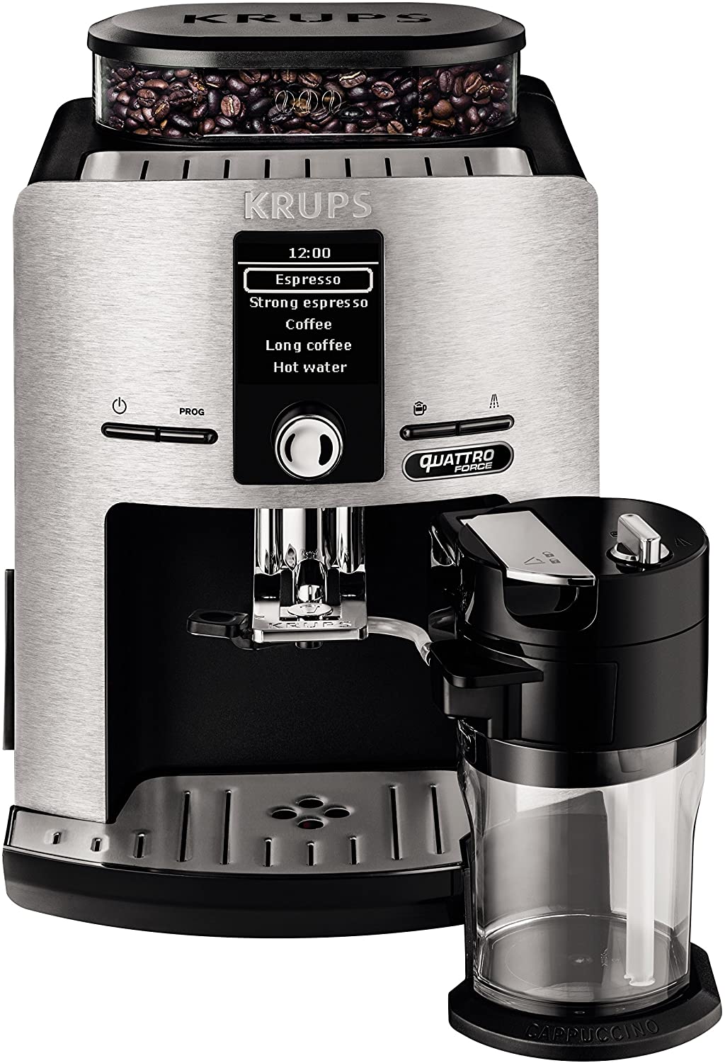Krups EA82F8 Latt\'Espress Quattro Force Automatic Coffee Machine One-Touch Function Milk Container 1.7 L 15 Bar Black / Stainless Steel