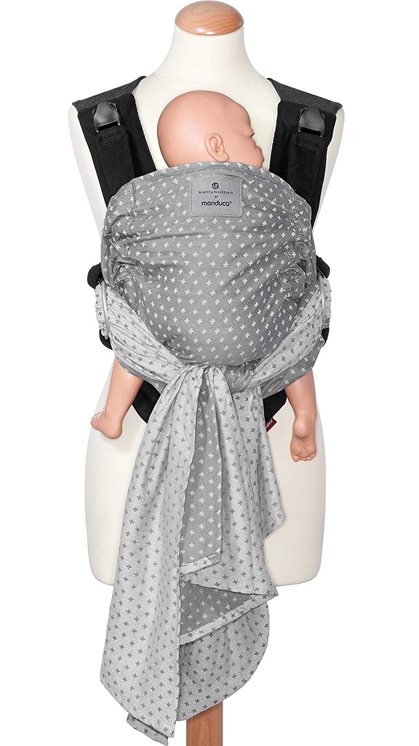 bellybutton by manduca DUO - Innovative Carrying System, Baby Carrier and Sling at the same time, Click & Tie System, Belly Carrier, Removable Waist Belt, for Newborns and Babies up to 15 kg (WildCrosses Grey)