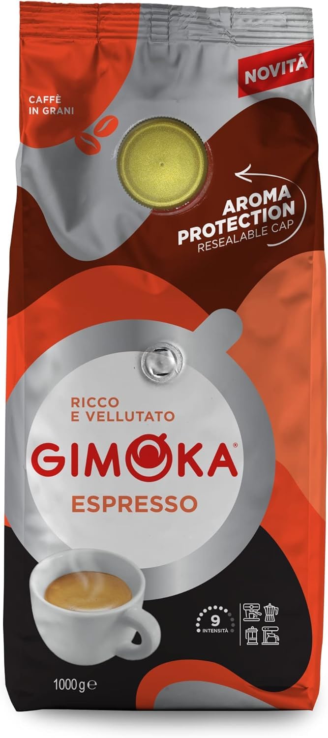 Gimoka Coffee Beans - 1 kg - ESPRESSO Blend - Medium Roast - Intensity 9 - with Resealable Lid - Made in Italy - 1kg Pack
