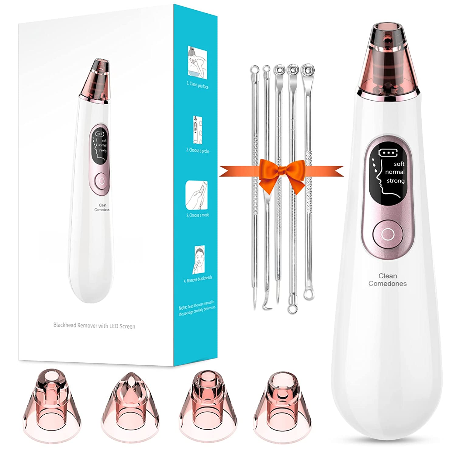 Sjnhuyz Blackhead Remover, Pore Cleaner, Pore Cleaner, Acne Remover Device, Pimple Suction Heads, 4 Interchangeable Suction Heads, Pore Vacuum, Pimple Remover Set