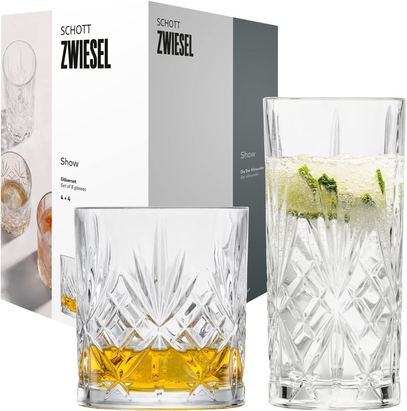 Schott Zwiesel Show Glasses Set of 8, 4 Graceful Long Drink Glasses and Whiskey Glasses With Relief Dishwasher Safe Crystal Glasses (Item No. 121881)