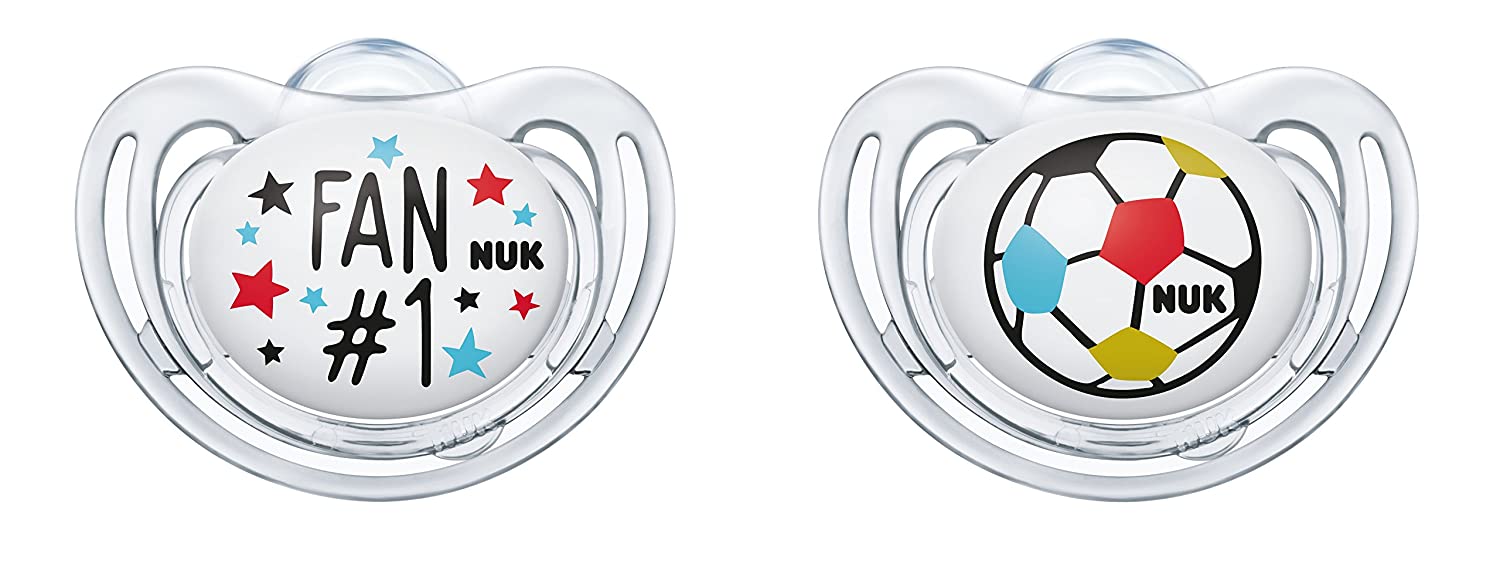 NUK Freestyle Football Edition Silicone Dummies, Orthodontic Shape, 6-18 Months, Pack of 2, Multi-Colour