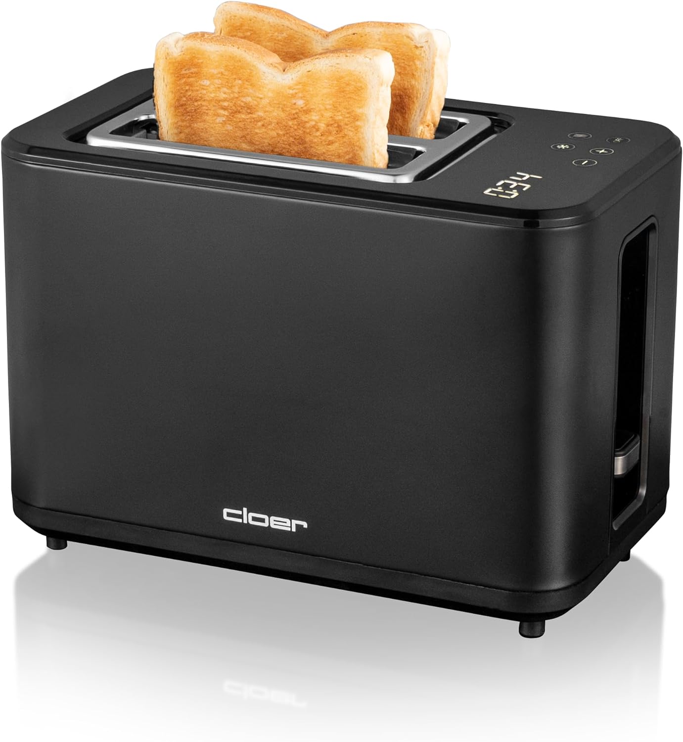 Cloer 3930 Digital Toaster for 2 Slices, Touch Function, 750-900 W, Remaining Time Display, Defrost Function, Reheat Function, Bun Attachment, 7 Browning Levels, Crumb Drawer, Black