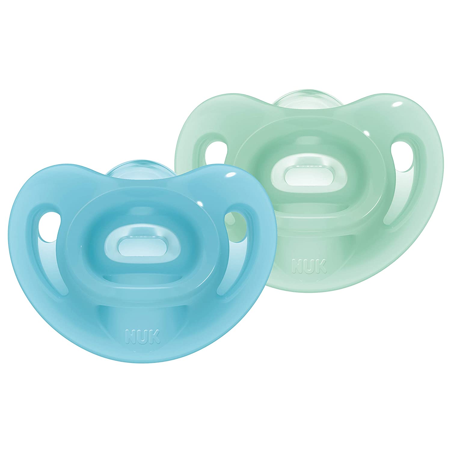 NUK Sensitive Dummy, 6-18 Months, 100% Silicone for Delicate Skin, BPA-Free, Blue & Green, Pack of 2
