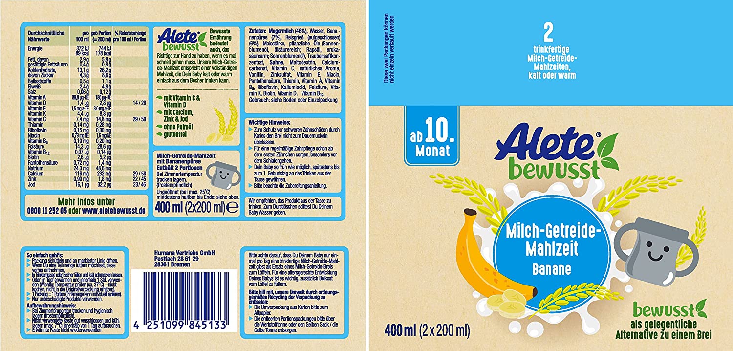 Alete bewusst Milch-Getreide-Mahlzeit Banane, ab dem 10. Monat, trinkfertige Babynahrung mit Bananenpüree, praktischer Ersatz zu Babybrei, warm oder kalt trinken, 400 ml (2 x 200 ml)