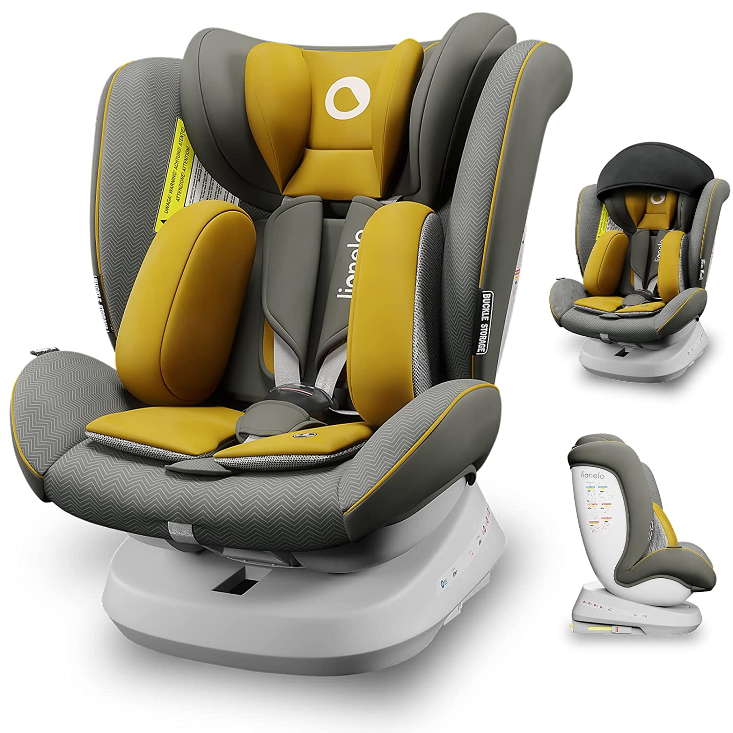 LIONELO Bastiaan ONE Child Seat from Birth 0-36 kg Isofix Top Tether 360 Degree Rotating Backwards Forward Side Protection 5-Point Seat Belts Dri-Seat (Yellow)