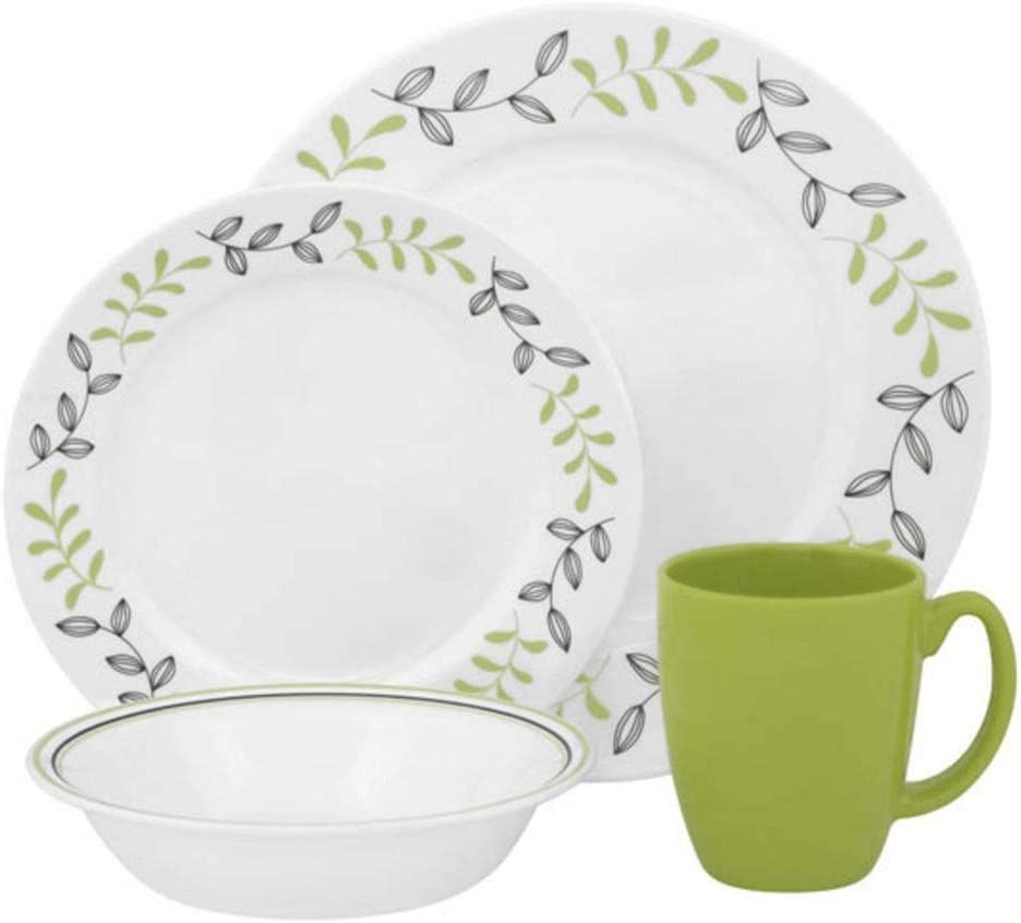 Corelle 16-Piece Vitrelle Glass Garden Sketch Chip and Break Resistant Dinner Set, Service for 4, Green/ Grey