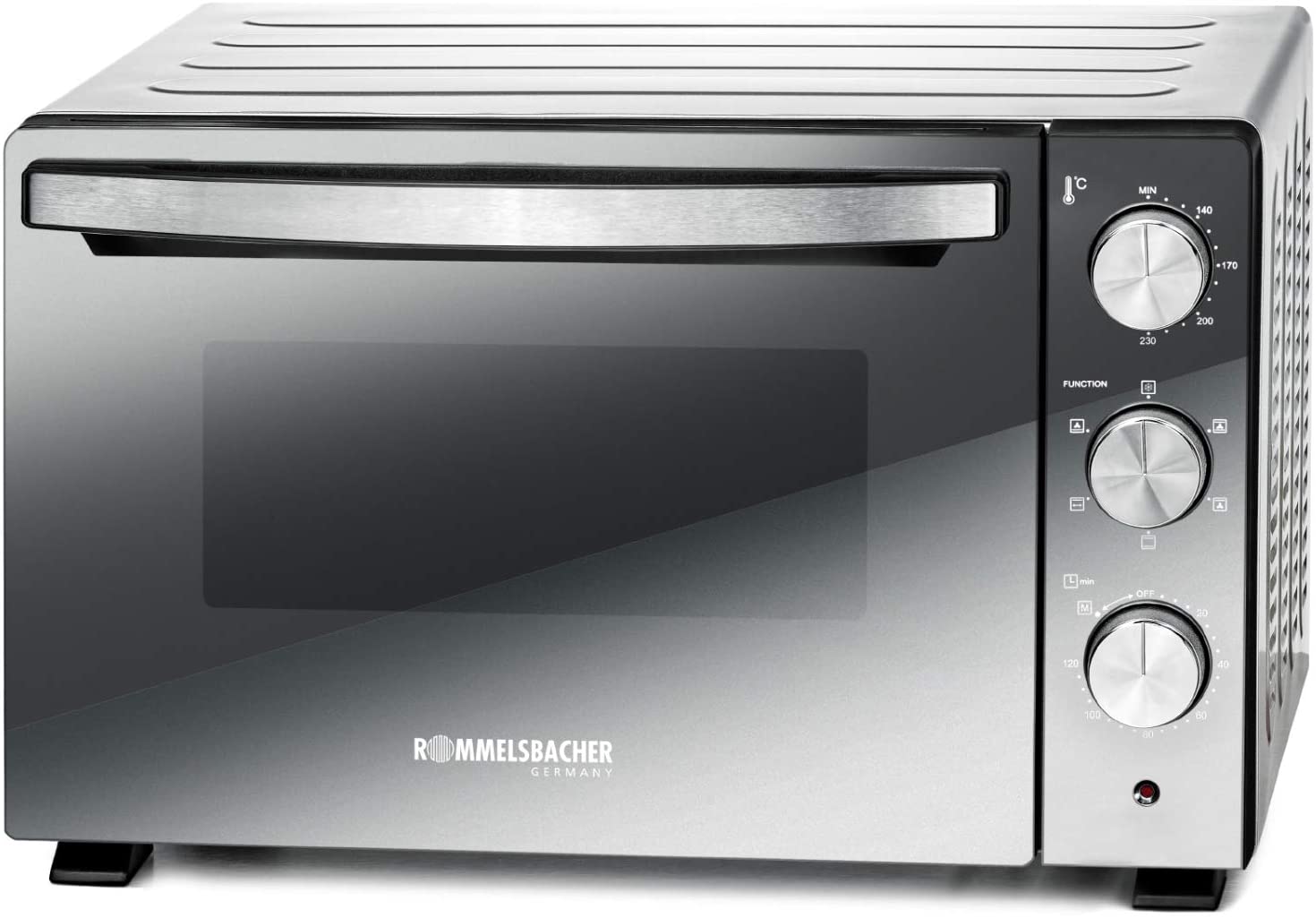 ROMMELSBACHER Back & Grill Oven BGS 1500 - Energy Saving & Efficient, Non-Stick Baking Area, 6 Heat Types, Rotisserie Spit, 120 Minute Timer, Double Glazing, Silver, 1500 W, Stainless Steel