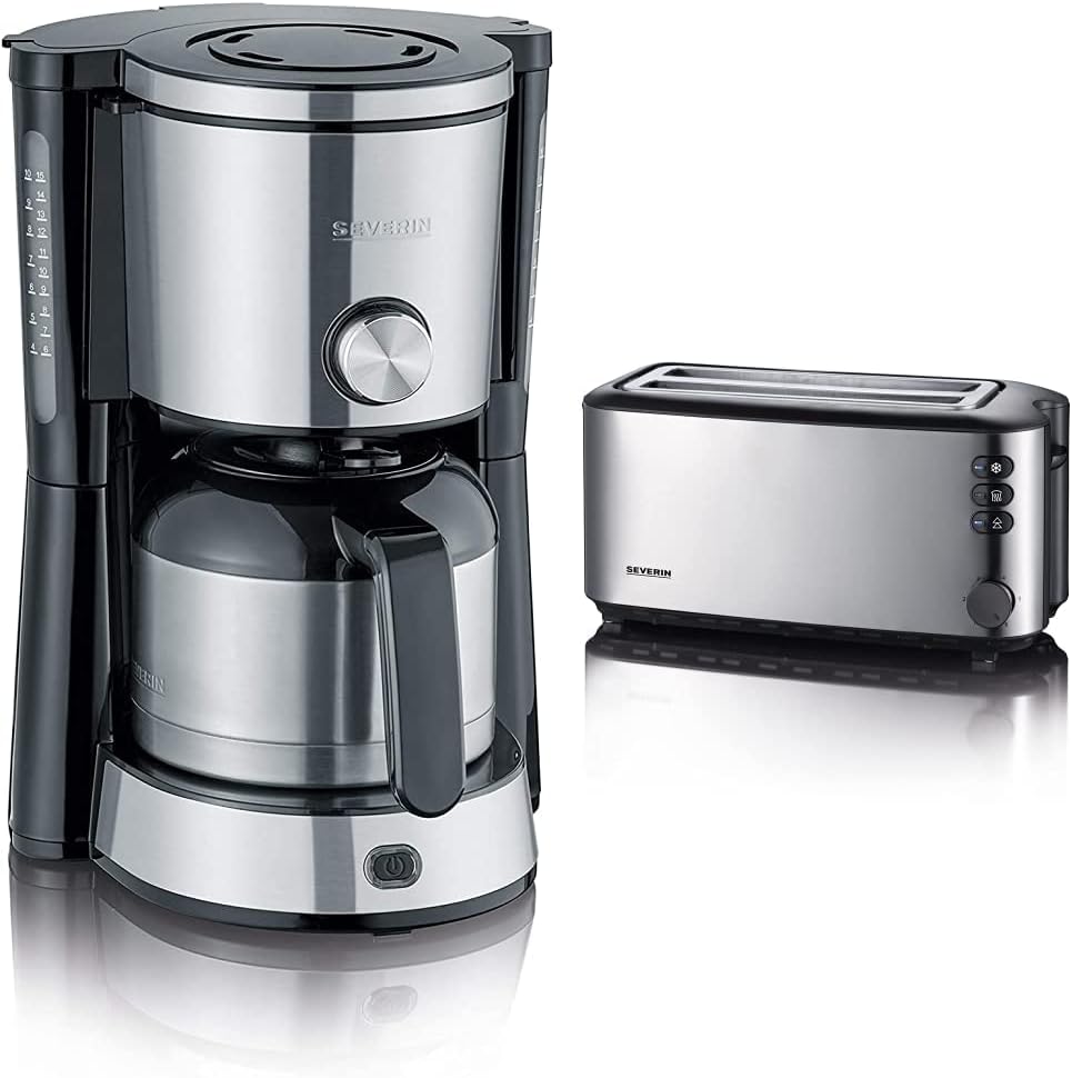 SEVERIN KA 4845 Type Switch Coffee Machine (for Ground Filter Coffee) Stainless Steel/Black & AT 2509 Automatic Toaster (1,400 W, 2 Long Slot Chambers, for up to 4 Slices of Bread) Stainless Steel/Black