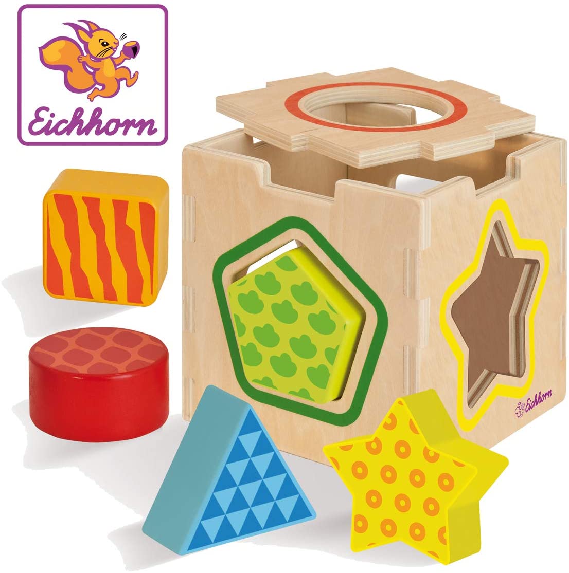 Eichhorn - plug-in box, 7-piece set made of birch wood, with 5 building blocks in different shapes, size 12 x 12 x 12 cm, for children from one year