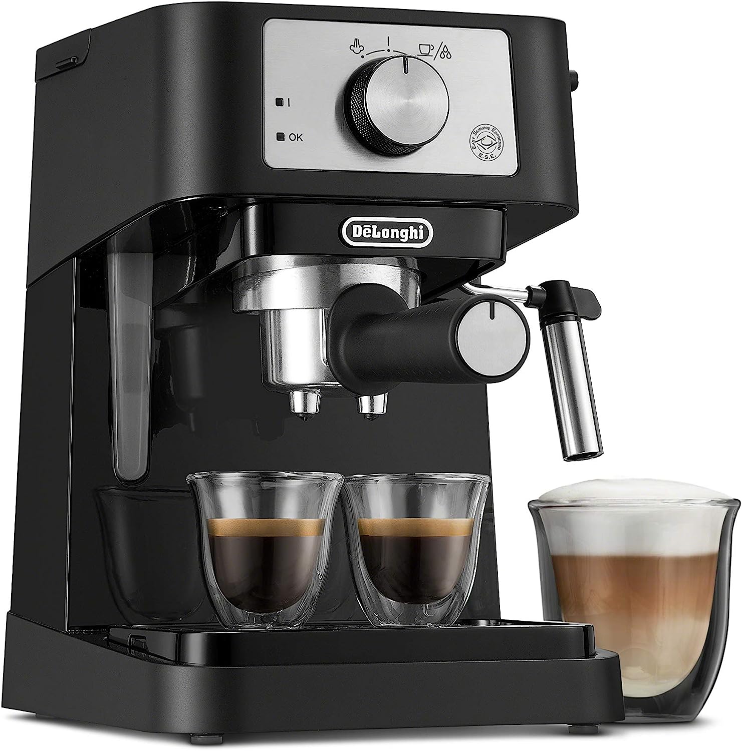 De \ 'Longhi Stilosa EC260BK Manual Espresso Machine, Latte & Cappuccino Maker, 15 bar pump Press Pressure + Milk Frother Steam Stick, Black/Stainless Steel