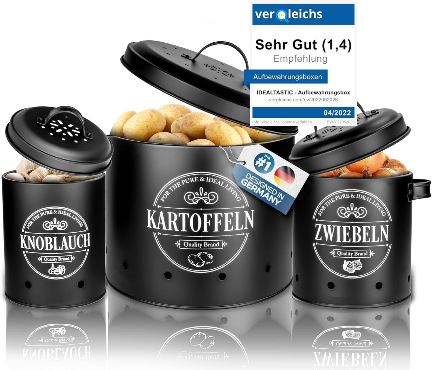 IDEALTASTIC® Premium Potato Storage Box [Pack of 3] I Versatile Potato Pot Set with 360° Ventilation System for More Freshness I Ideal for Onion Storage & Potato Storage
