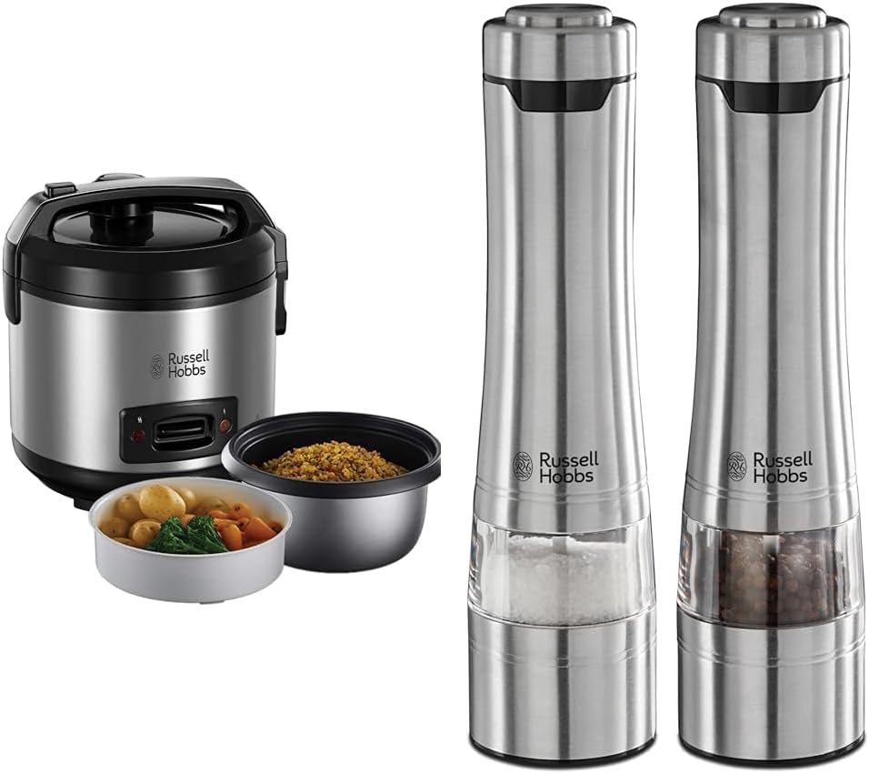 Bundle Set: Russell Hobbs 27080-56 Rice Cooker [Test Winner] 1.2 L with Steamer Insert with Flavour Hinged Lid and Salt and Pepper Mill Electric 23460-56