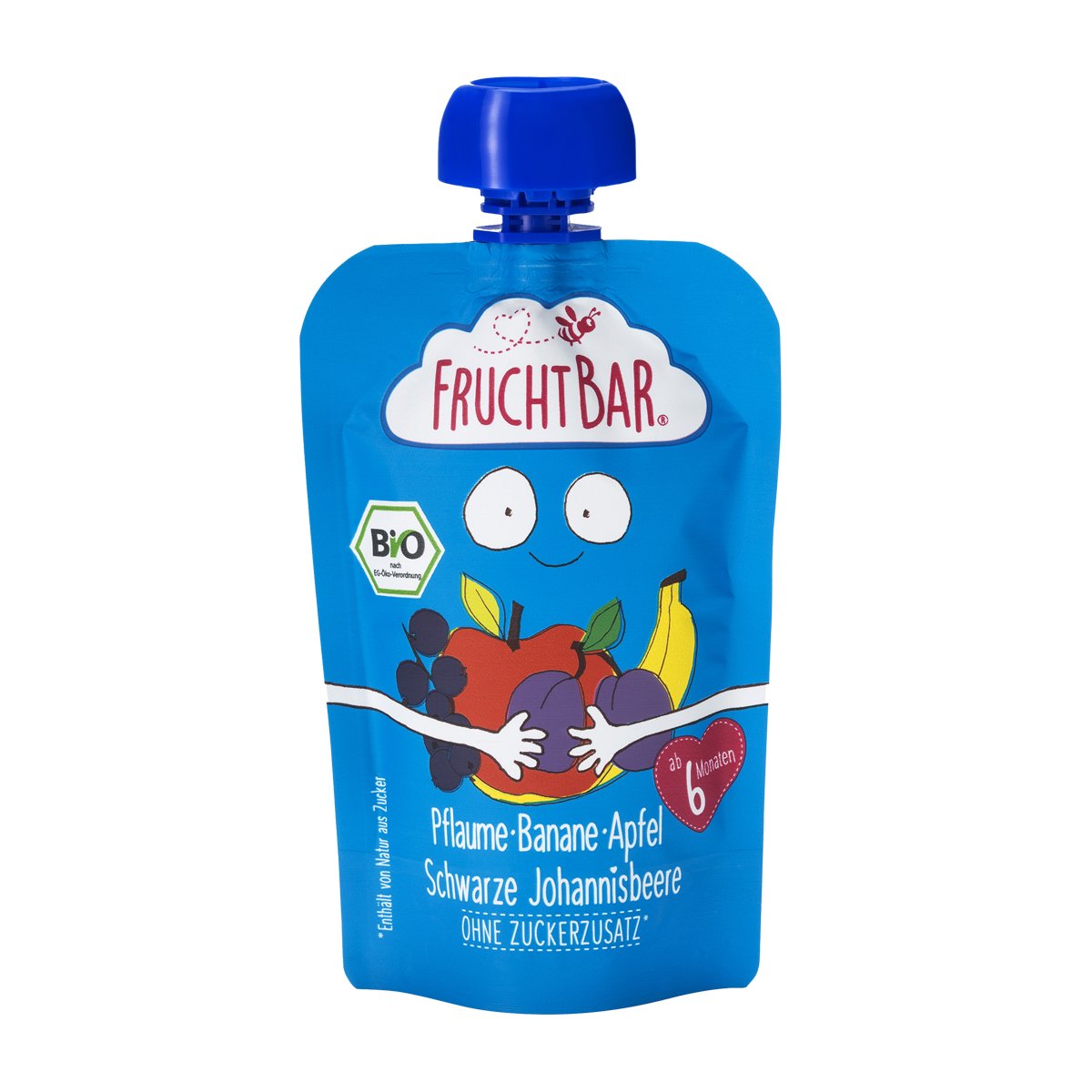 FruchtBar Bio Fruchtpüree Pflaume-Banane-Apfel-Schwarze Johannisbeere, im Quetschbeutel, 8x100g