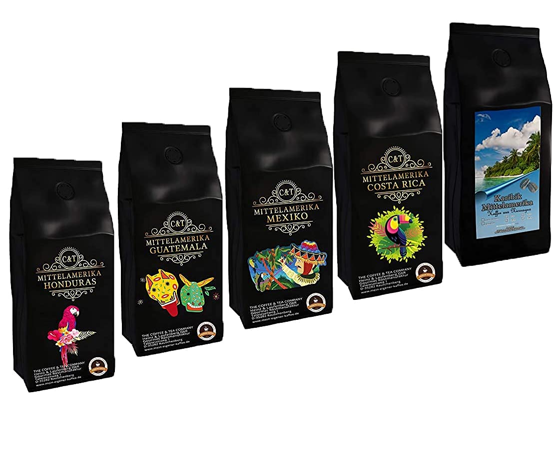 Country Coffee Tasting Pack \"Central America\" 5 x 500 g Top Coffee from Honduras, Guatemala, Mexico, Costa Rica, Nicaragua, 2500 g Whole Bean