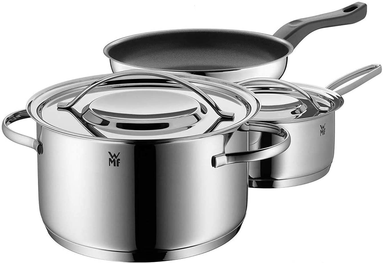WMF Group WMF \"Transtherm\" stainless steel saucepan set and pan, 6 pieces, saucepan 20 cm, saucepan 16 cm, frying pan 24 cm in set, with metal lid, suitable for induction cookers, pan coated, polished silver