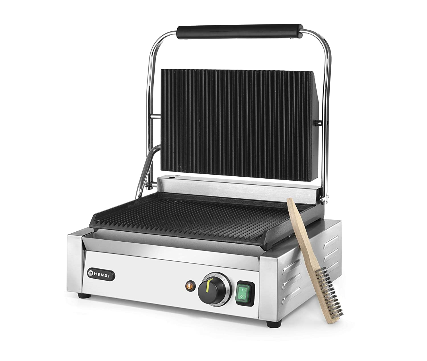 HENDI Contact grill, Panini, sandwich and contact grill, adjustable up to max. 300 °C, top height 530 mm, grill surface 340 x 230 mm, 230 V, 2200 W, 430 x 379 x (H) 210 mm, stainless steel