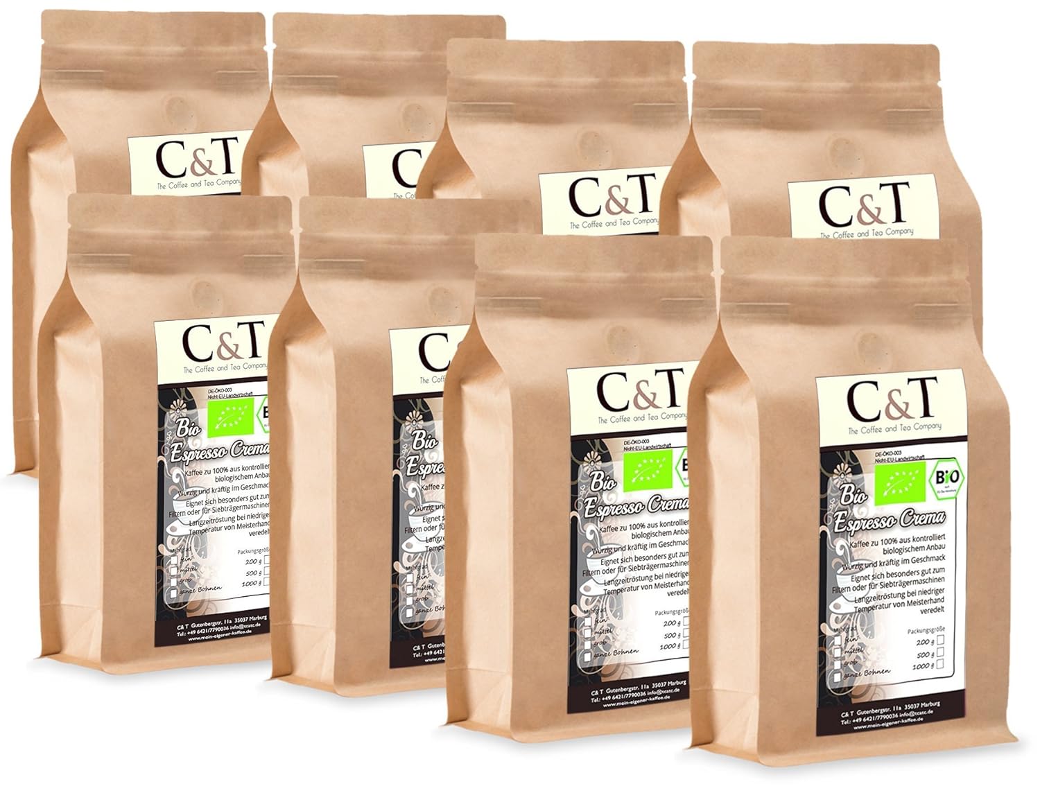 C&T Organic Espresso Crema | Cafe 8 x 1000 g Whole Beans Gastro Economy Pack in Kraft Paper Bag Coffee for Portafilters, Fully Automatic Machines, Espresso Maker